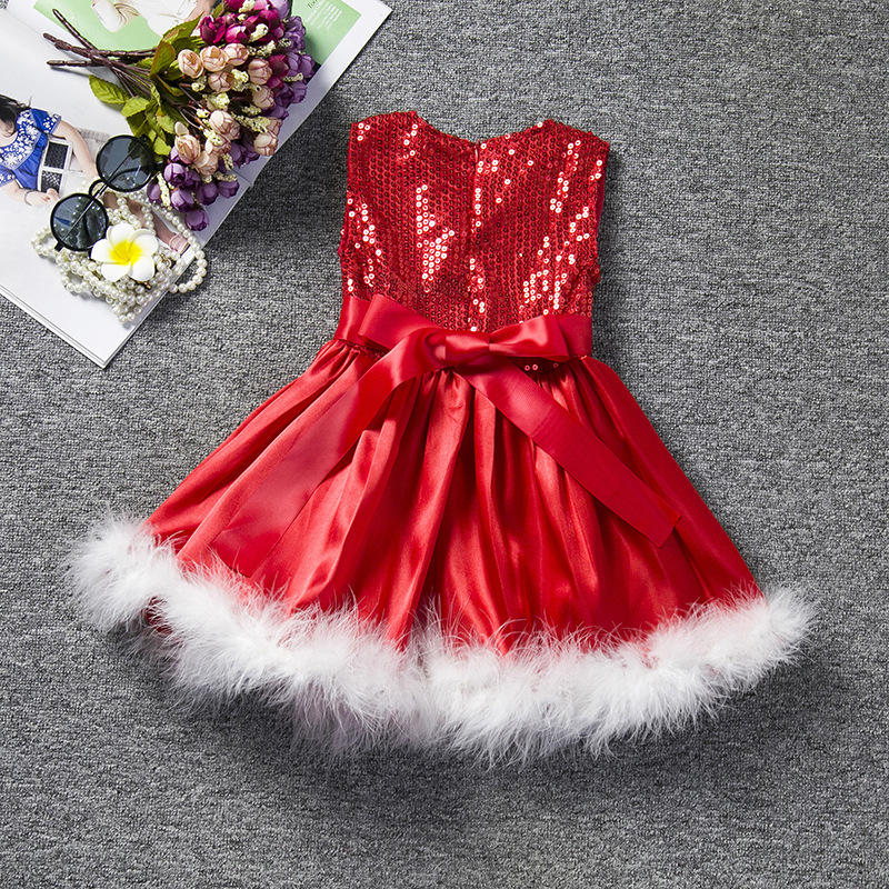 F68102 Girl sequin dress Christmas party red Paillette princess dress tutu skirt